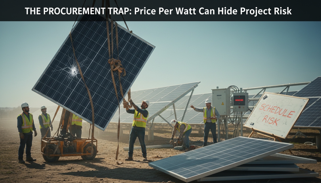 Solar panel procurement risk showing how price per watt can hide module handling damage schedule risk and project installation problems